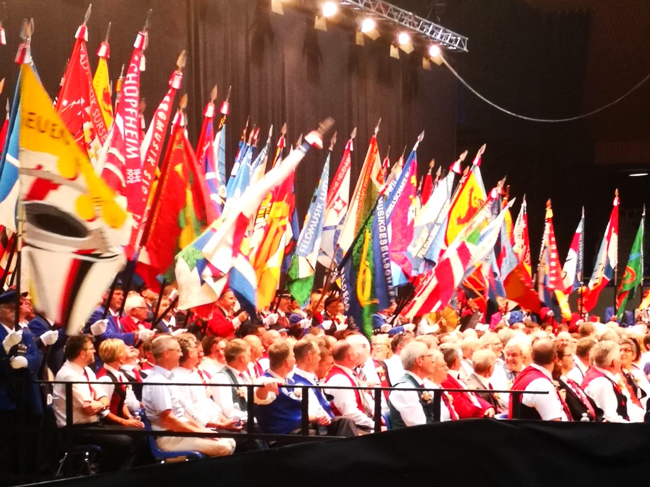 Die Veteranen der Ortsmusik unter den Jubilaren im schwingenden Fahnenmeer.