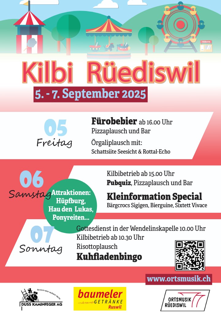 Programm der Kilbi Rüediswil vom Freitag, 5. bis Sonntag, 7. September 2025. Zweites Ruswiler PubQuiz